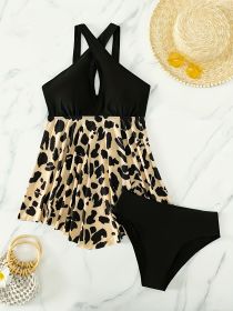 Women's Fashion Tankini Set, Sexy Backless Cross Leopard Print Swimsuit, Vacation Style