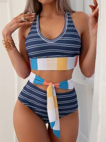 Women's Fashionable Tankini Set - Sexy V-neck Patchwork Drawstring Swimsuit - Beach Style