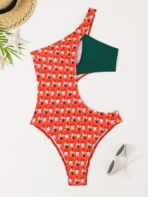 Women's Fashion One-piece Swimsuit With European And American Style, Asymmetrical Off-the-shoulder, Cutout And Christmas Print. (Option: L-Colour)