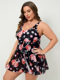 Plus Size One-piece Mesh Skirt Printed Backless Sexy Swimsuit Women's One-piece (Option: Black-5XL)