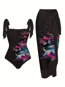 Women's Large-size One-piece Sun Protection Shirt Set With Floral Print, Two-piece Design, One-piece Swimsuit, Beach Style (Option: 4XL-Black)