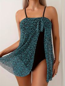 Women's Fashion One-piece Swimsuit, Strapless, Mesh Skirt, Leaf Print, Figure-flattering, One-piece Swimsuit (Option: S-Sky blue)