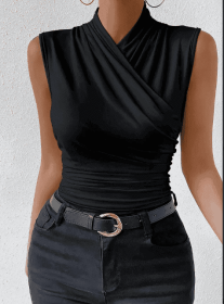 Women's Fashion Summer Solid Color Crisscross Pleated Sleeveless Tank Top (Option: Black-3XL)