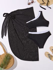 Women's Fashionable Plus-size Bikini Set With Net Fabric Skirt, Asymmetrical Off-shoulder Solid-colored Swimsuit, Beach Style (Option: 2XL-Black)