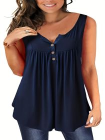 Self-pick-up Women's Plus Size Sleeveless Top V Neck Button Casual T-Shirt Only Self-pickup Is Supported (Option: Navy blue-0XL)