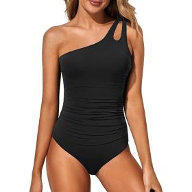 Women's Tummy Control One Piece Swimsuit, One Shoulder Full Coverage Bathing Suit (Option: Black-L)