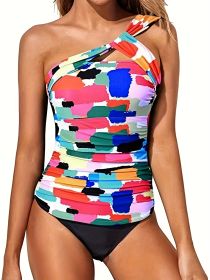 Women's Tankini Set, Random Print, Color-blocked One-shoulder Asymmetrical Two-piece, Vacation Style (Option: XL-Colour)