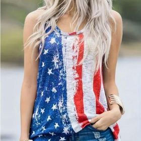 Ladies' Versatile Round Neck Casual Off Shoulder Holiday Flag Print Vacation Style Fashionable Vest (Option: MU-S)
