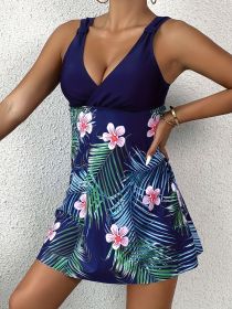 Women's Fashion Tankini Set, Sexy Solid Color V-neck Floral Print Swimsuit (Option: L-Navy blue)