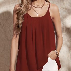 Ladies' Solid Color Versatile Elegant Style Front Pleated Detail Slim Suspender A-line Hem Vest (Option: Red-XXL)