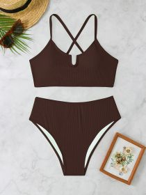 Women's Oversized Solid Color, Exposed Back Lace-up Bikini, Holiday Style Bikini (Option: Coffee colour-2XL)