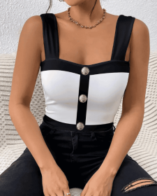 Women's Square Neck Sleeveless Color Blocked Versatile Slim Fit Vest (Option: White-XXL)