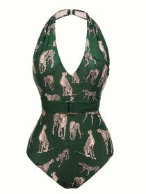 Women's Large-size One-piece Swimming Suit With Belt, Leopard Print, With Neck Tie, Back Exposed, One-piece Swimsuit In Beach Style (Option: 5XL-Dark green)