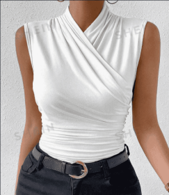 Women's Fashion Summer Solid Color Crisscross Pleated Sleeveless Tank Top (Option: White-3XL)