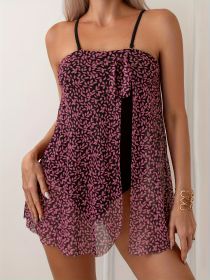 European And American Sexy Chest Mesh Skirt Leaf Print One-piece Swimsuit (Option: Pink-XXL)