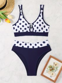 Women's Bikini Set With Random Prints, Sexy Polka Dot Ring Two-piece Swimsuit, Beach Style (Option: L-Navy blue)