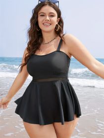 Women's Large-size Tankini Set - Sexy Solid-color Double-shoulder Strap Dress-style Swimsuit For  Vacation Style (Option: 2XL-Black)