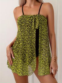 European And American Sexy Chest Mesh Skirt Leaf Print One-piece Swimsuit (Option: Yellow-M)
