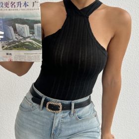 Ladies' Solid Color Fashionable Cross Tie Design, Backless Sexy Slim Fit Camisole Top (Option: Black-S)
