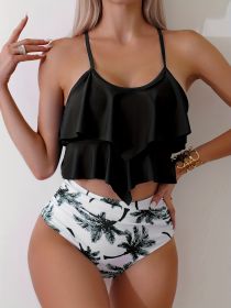Palm Tree Print Bikini Sets, Ruffle Round Neck High Waist High Cut Two Pieces Swimsuit, Women's Swimwear & Clothing For Palm Sunday (Option: Black-L)
