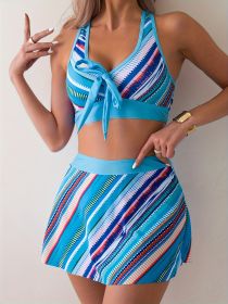 Women's Tankini Swimsuit Set, Random Print, Sexy Striped Cross Straps, Two-piece Swimsuit, Vacation Style (Option: XL-Sky blue)