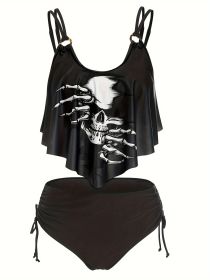 Women's Fashionable And Sexy Tankini Set, With Ruffled Edges And Halloween Skull Print, Two-piece Swimsuit, Vacation Style. (Option: M-Black)