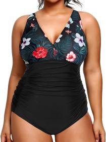 Women's Large-size One-piece Swimming Suit  Covers The Stomach - Floral Print  One-piece Design  Beach Style (Option: 3XL-Black)