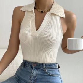 Ladies' Fashionable Casual Solid Color Lapel Halter Vest Top (Option: Apricot-S)