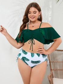 Women's Large Size One-shoulder Tropical Print Bikini Set Bikini Style (Option: Dark green-1XL)