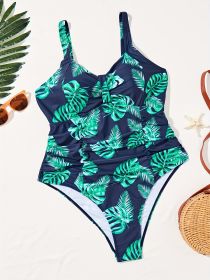 Women's Oversized One-piece Tropical Print Chest Pleated One-piece Swimsuit Holiday Style (Option: Black-2XL)