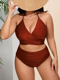 Women's Oversized Bikini Set, Solid Color, Cross Lace-up In The Chest, Hanging Neck, Backless Sexy Bikini, Vacation Style (Option: Chocolate color-4XL)