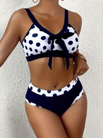 Women's Fashion Plus-size Bikini Set, Random Print, Sexy Bow Polka Dot Swimsuit Two-piece, Vacation Style Bikini. (Option: Navy blue-5XL)