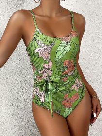 Women's Fashionable One-piece Swimming Suit With Sexy Tropical Print, Bow-shaped Double Shoulder Straps,  Vation Style. (Option: M-Green)