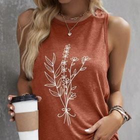 Women's Round Neck Simple Plant Print Versatile Fashion Vacation Style Vest Top (Option: Orange-S)