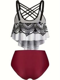 Women's Fashionable Plus-size Tankini Set - Sexy Cross-strap Skull Print Swimsuit Set, Beach Style. (Option: White-2XL)