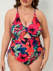 Women's Large-size One-piece Swimming Suit With Floral Print, One-piece Backless Sexy Drawstring Cross Swimwear (Option: 4XL-Colour)