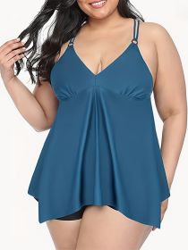 Women's Plus-size Tankini Set, Briefs, Skirt-style, Solid-color Swimsuit, Vacation Style (Option: 3XL-Peacock blue)