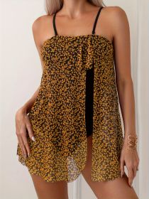 European And American Sexy Chest Mesh Skirt Leaf Print One-piece Swimsuit (Option: Orange-M)