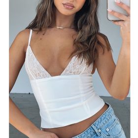 Women's V-neck Camisole Lace Vest With Back Zipper Design Summer Slim Sleeveless Tops (Option: White-L)